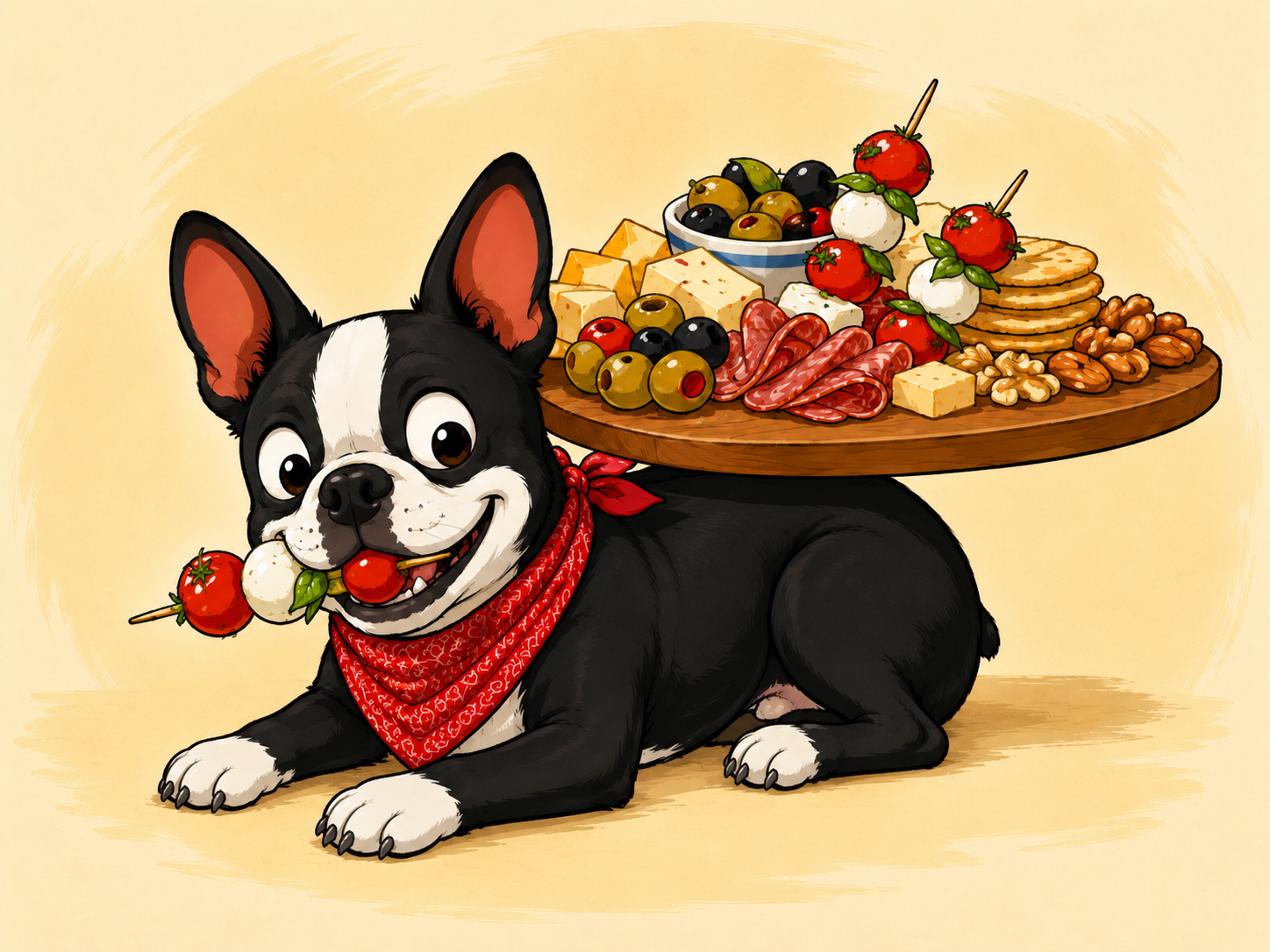 Boston terrier with an appetizer platter of cheese, olives, crackers, and skewers