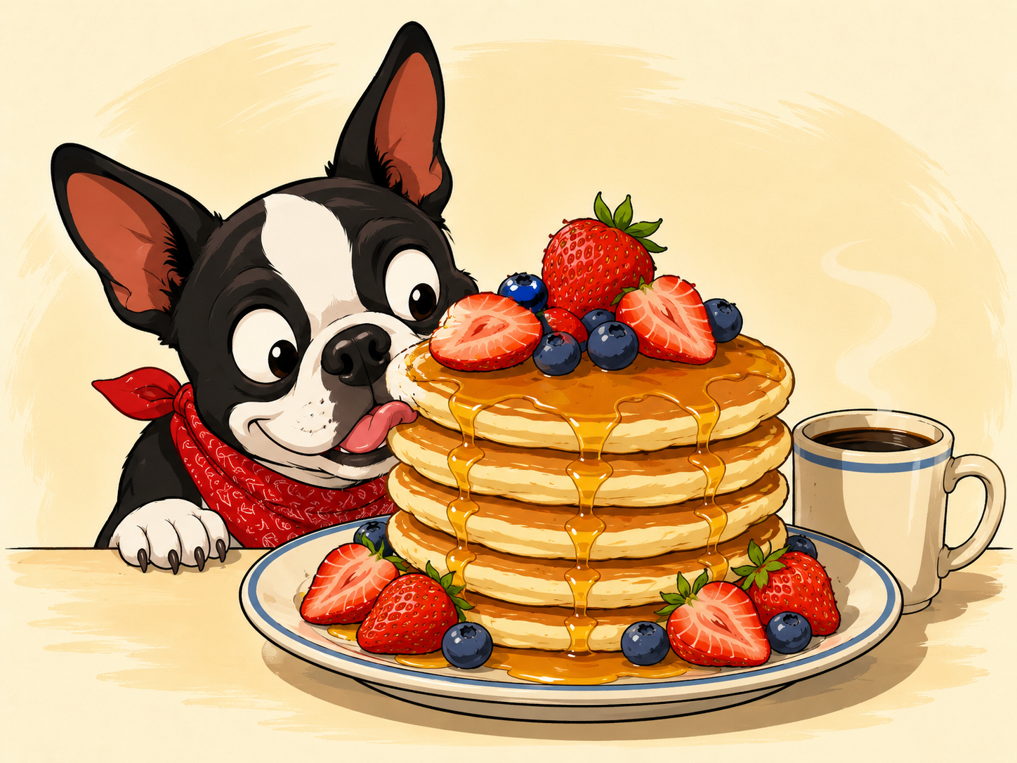 Boston terrier peeking at a stack of pancakes with berries