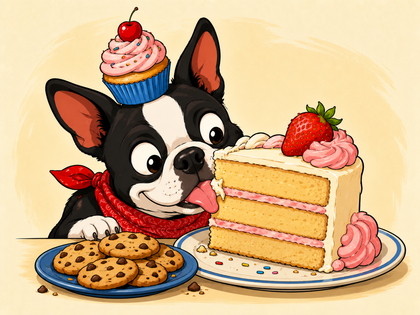 Boston terrier enjoying a dessert spread with cake, cookies, and cupcakes