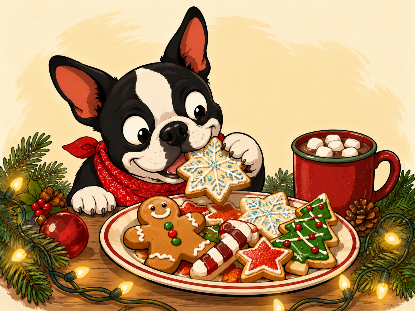 Boston terrier eating a decorated holiday cookie beside festive treats and cocoa