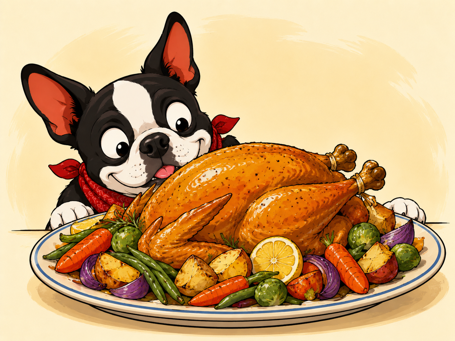 Boston terrier peeking over a roasted chicken dinner