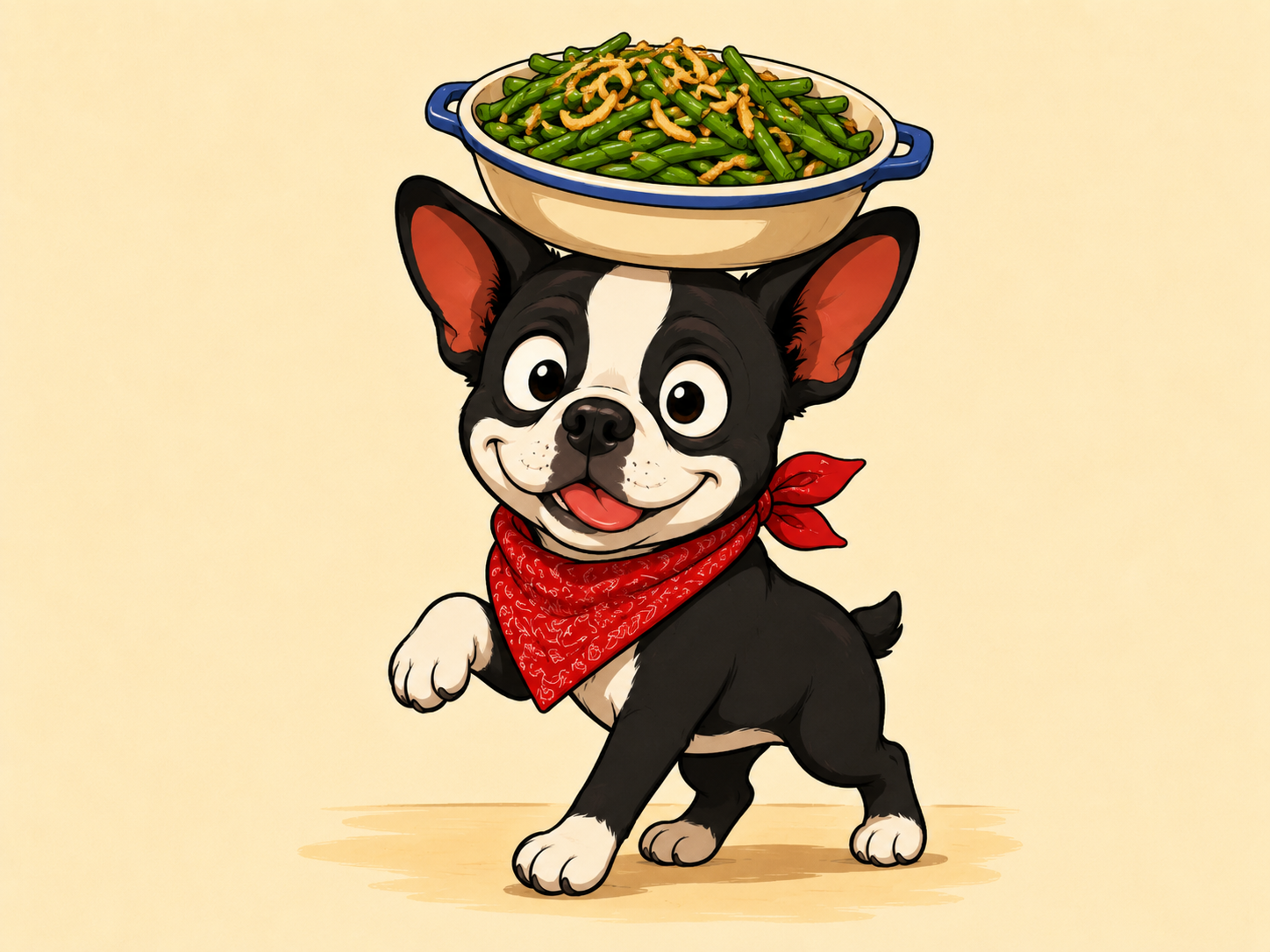 Boston terrier balancing a dish of green beans with almonds