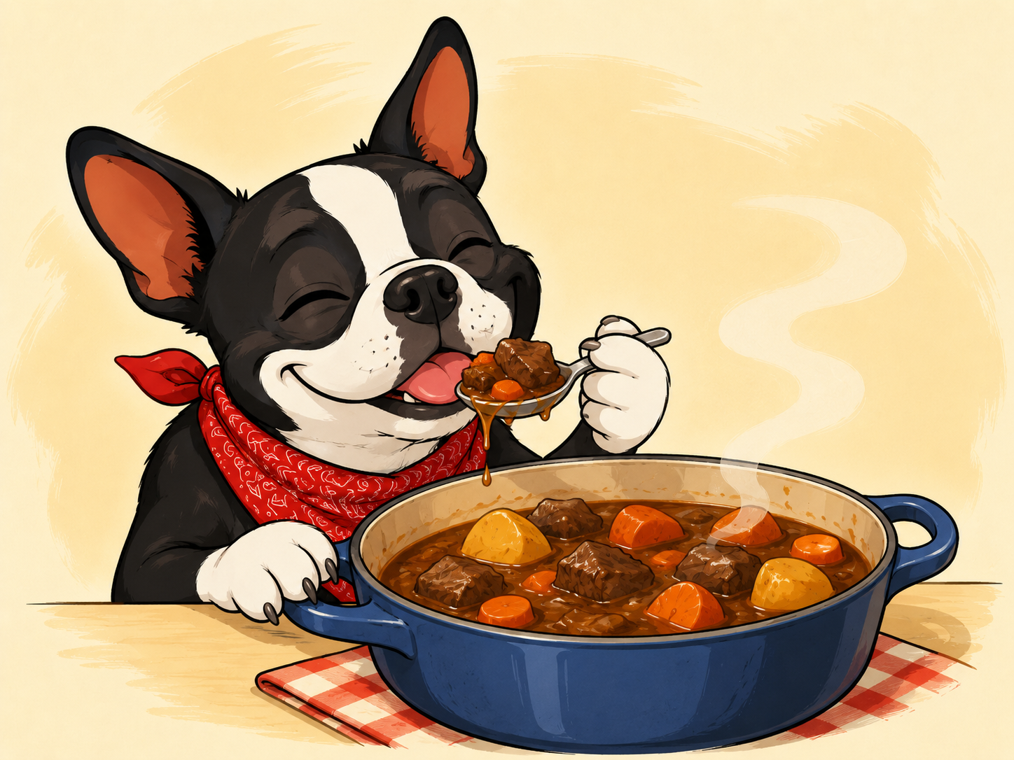 Boston terrier happily tasting a spoonful of stew beside a warm bowl of soup